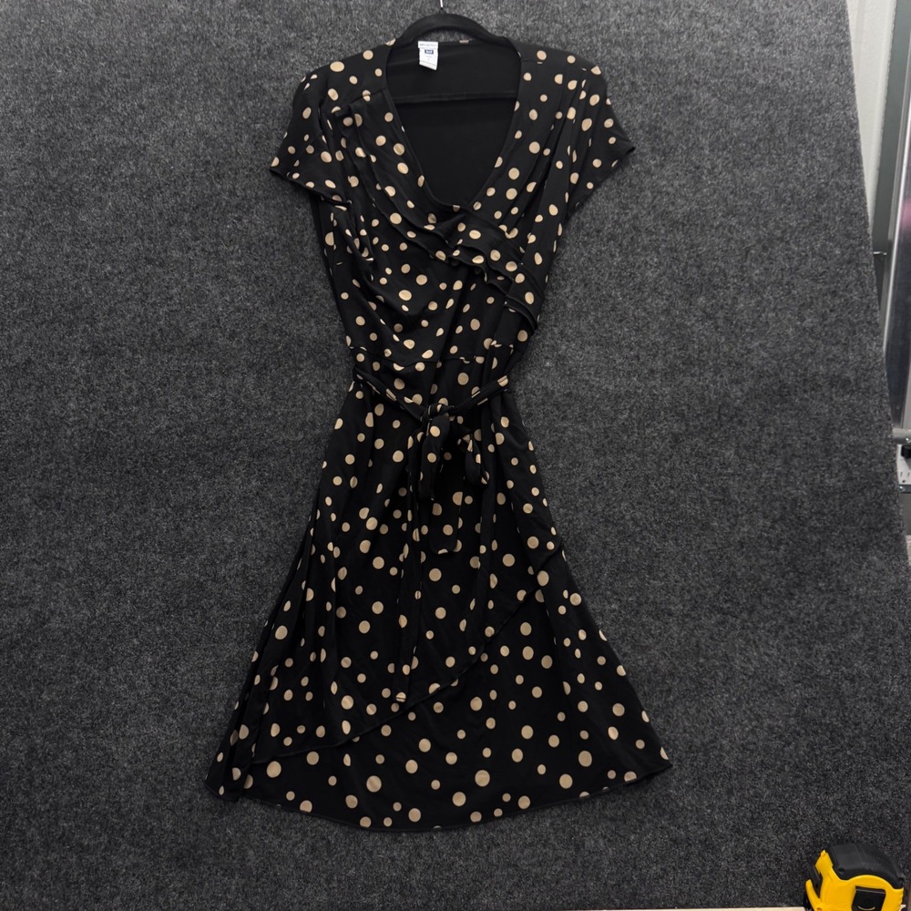 Gap Stretch Black Tan Polka Dot Faux Wrap Dress V-Neck Ruffle Short Sleeve L